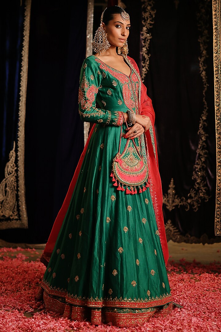 Rama Green Chanderi Hand Embellished High-Low Jacket Set by Jigar Mali at Pernia's Pop Up Shop