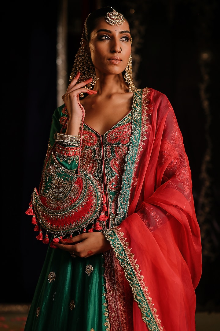 Rama Green Chanderi Hand Embellished High-Low Jacket Set by Jigar Mali at Pernia's Pop Up Shop