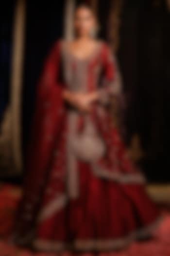 Red Maroon Chanderi Hand Embellished High-Low Jacket Set by Jigar Mali at Pernia's Pop Up Shop