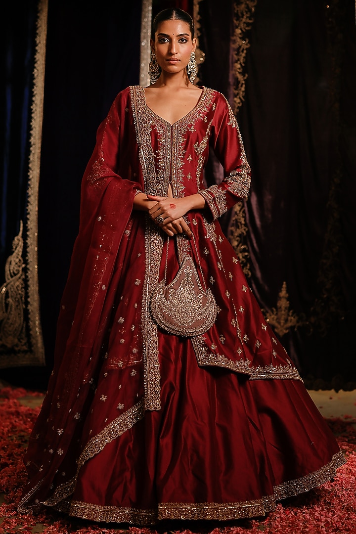 Red Maroon Chanderi Hand Embellished High-Low Jacket Set by Jigar Mali at Pernia's Pop Up Shop