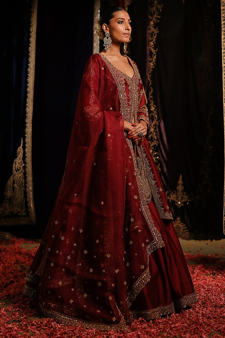 Red Maroon Chanderi Hand Embellished High-Low Jacket Set by Jigar Mali at Pernia's Pop Up Shop