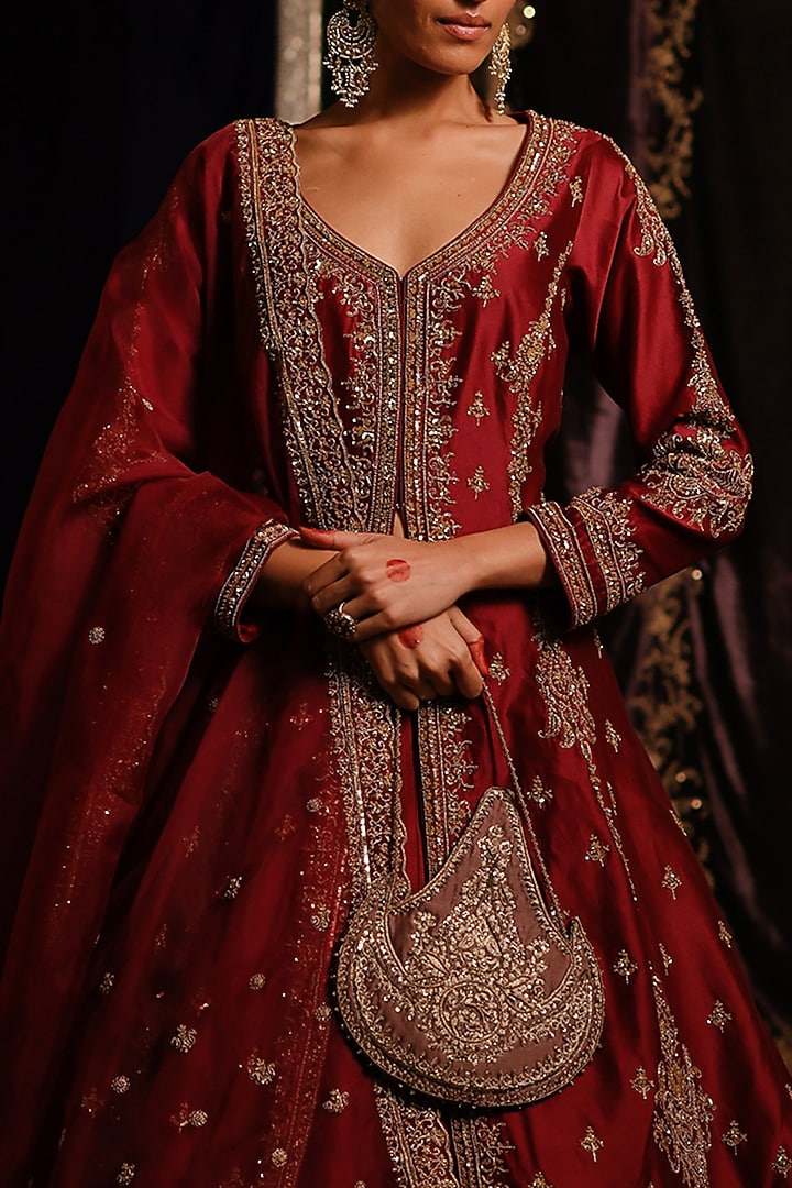 Red Maroon Chanderi Hand Embellished High-Low Jacket Set by Jigar Mali at Pernia's Pop Up Shop