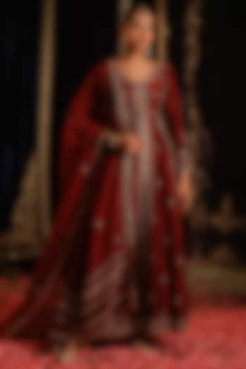 Rust Maroon Chanderi Hand Embellished Jacket Set by Jigar Mali at Pernia's Pop Up Shop