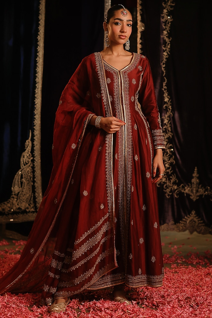 Rust Maroon Chanderi Hand Embellished Jacket Set by Jigar Mali at Pernia's Pop Up Shop