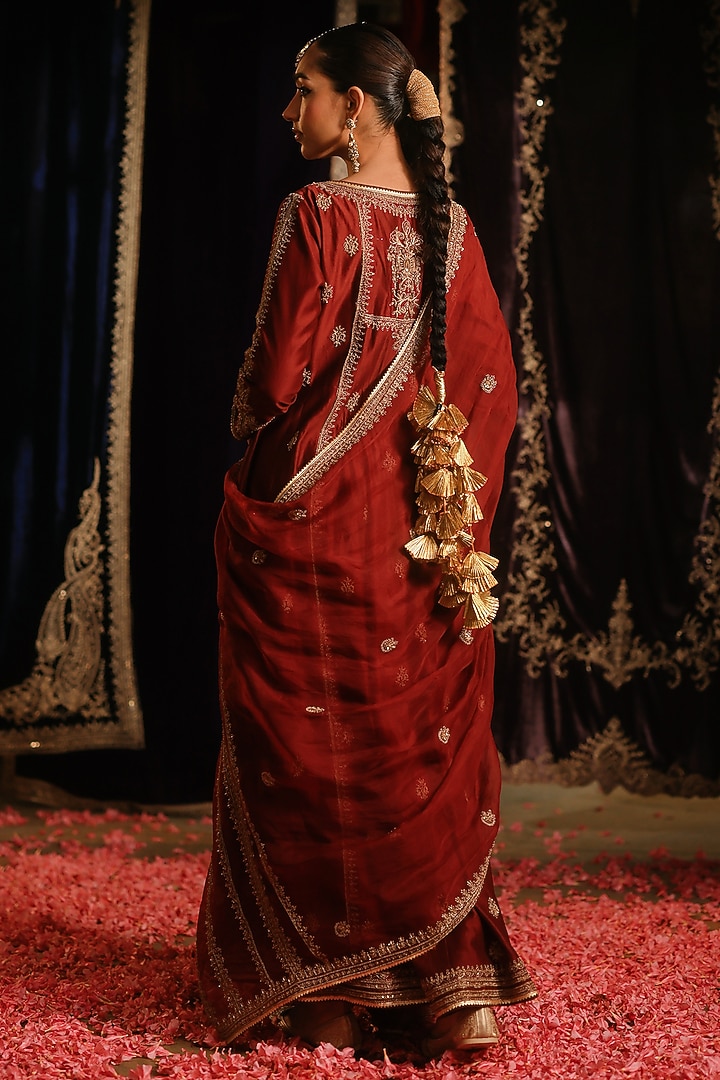 Rust Maroon Chanderi Hand Embellished Jacket Set by Jigar Mali at Pernia's Pop Up Shop