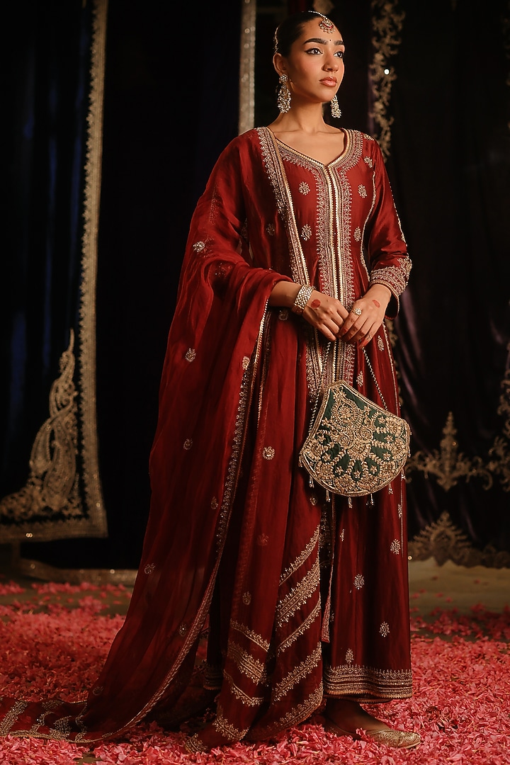 Rust Maroon Chanderi Hand Embellished Jacket Set by Jigar Mali at Pernia's Pop Up Shop
