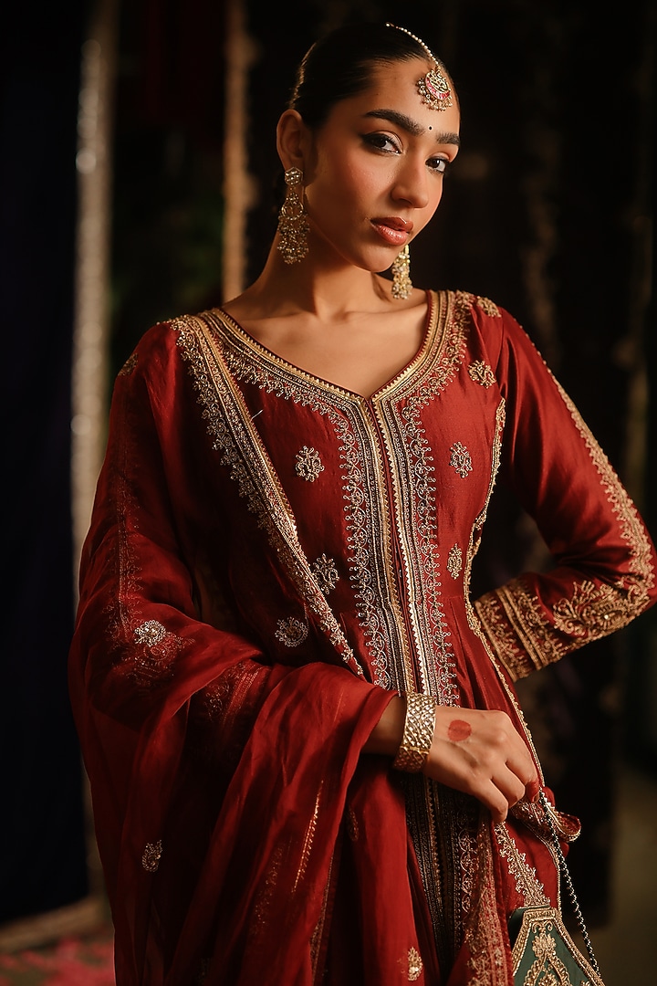 Rust Maroon Chanderi Hand Embellished Jacket Set by Jigar Mali at Pernia's Pop Up Shop