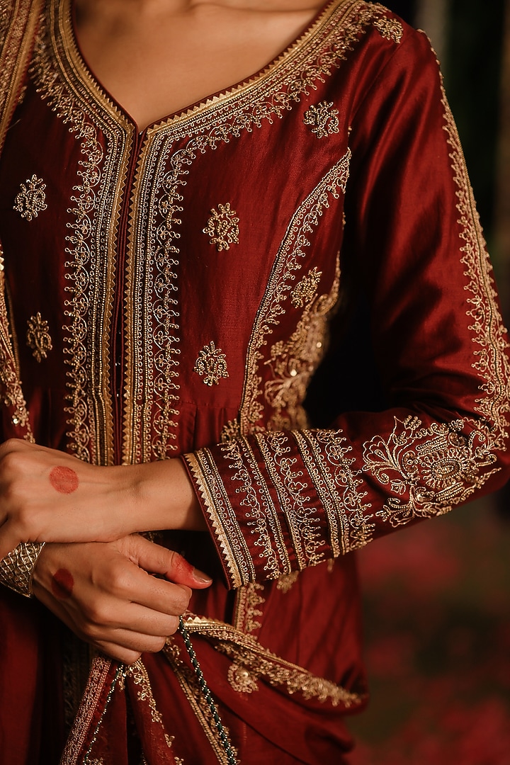 Rust Maroon Chanderi Hand Embellished Jacket Set by Jigar Mali at Pernia's Pop Up Shop