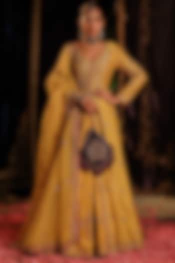 Yellow Chanderi Hand Embellished Jacket Set by Jigar Mali at Pernia's Pop Up Shop