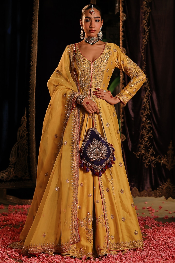 Yellow Chanderi Hand Embellished Jacket Set by Jigar Mali at Pernia's Pop Up Shop