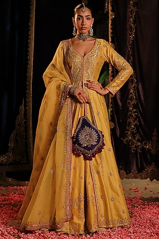 Yellow Chanderi Hand Embellished Jacket Set by Jigar Mali