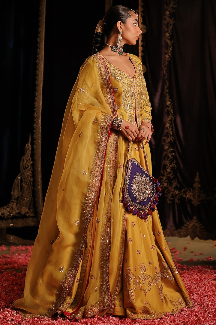 Yellow Chanderi Hand Embellished Jacket Set by Jigar Mali at Pernia's Pop Up Shop