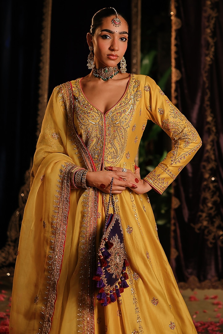 Yellow Chanderi Hand Embellished Jacket Set by Jigar Mali at Pernia's Pop Up Shop
