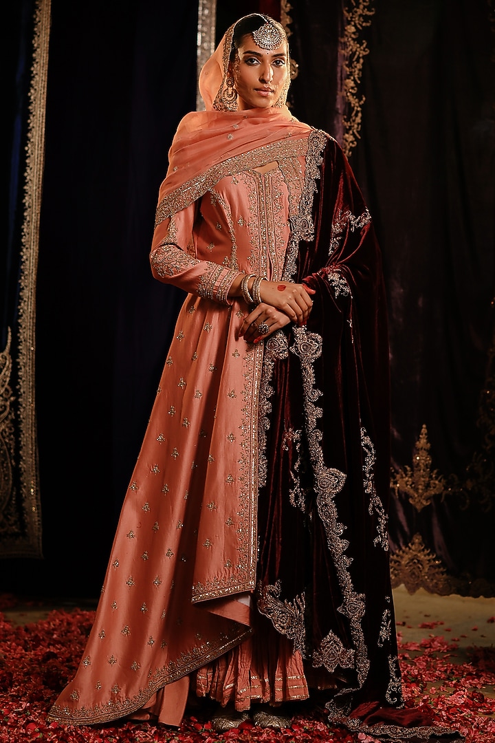 Peach Chanderi High-Low Jacket Set by Jigar Mali at Pernia's Pop Up Shop