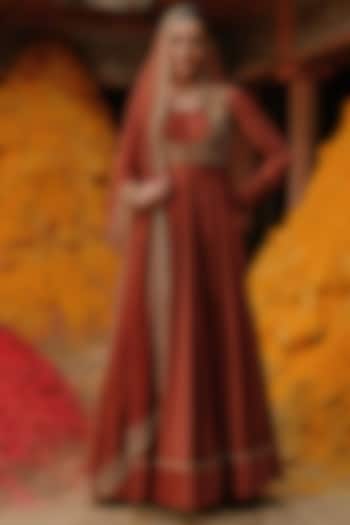 Rust Chanderi Hand Embroidered Bridal Anarkali Set by Jigar Mali at Pernia's Pop Up Shop