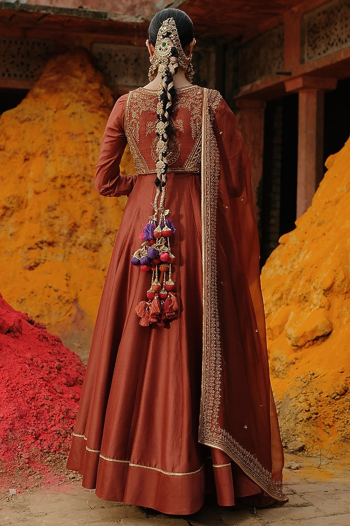 Rust Chanderi Hand Embroidered Bridal Anarkali Set by Jigar Mali at Pernia's Pop Up Shop