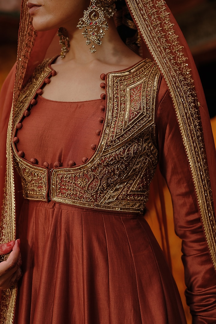 Rust Chanderi Hand Embroidered Bridal Anarkali Set by Jigar Mali at Pernia's Pop Up Shop