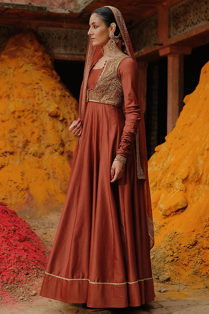 Rust Chanderi Hand Embroidered Bridal Anarkali Set by Jigar Mali at Pernia's Pop Up Shop