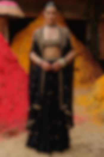 Navy Blue Chinon Chiffon Hand Embroidered Cape Set by Jigar Mali at Pernia's Pop Up Shop