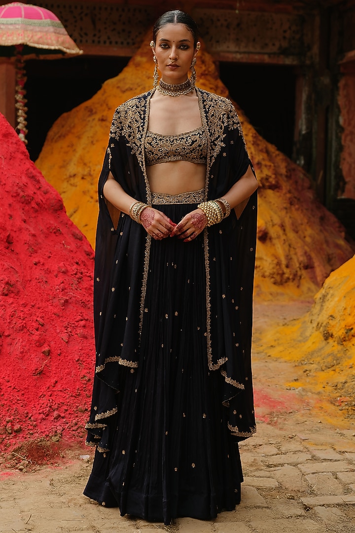 Navy Blue Chinon Chiffon Hand Embroidered Cape Set by Jigar Mali at Pernia's Pop Up Shop