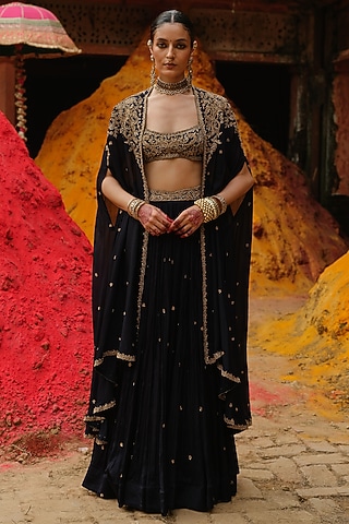 Navy Blue Chinon Chiffon Hand Embroidered Cape Set by Jigar Mali