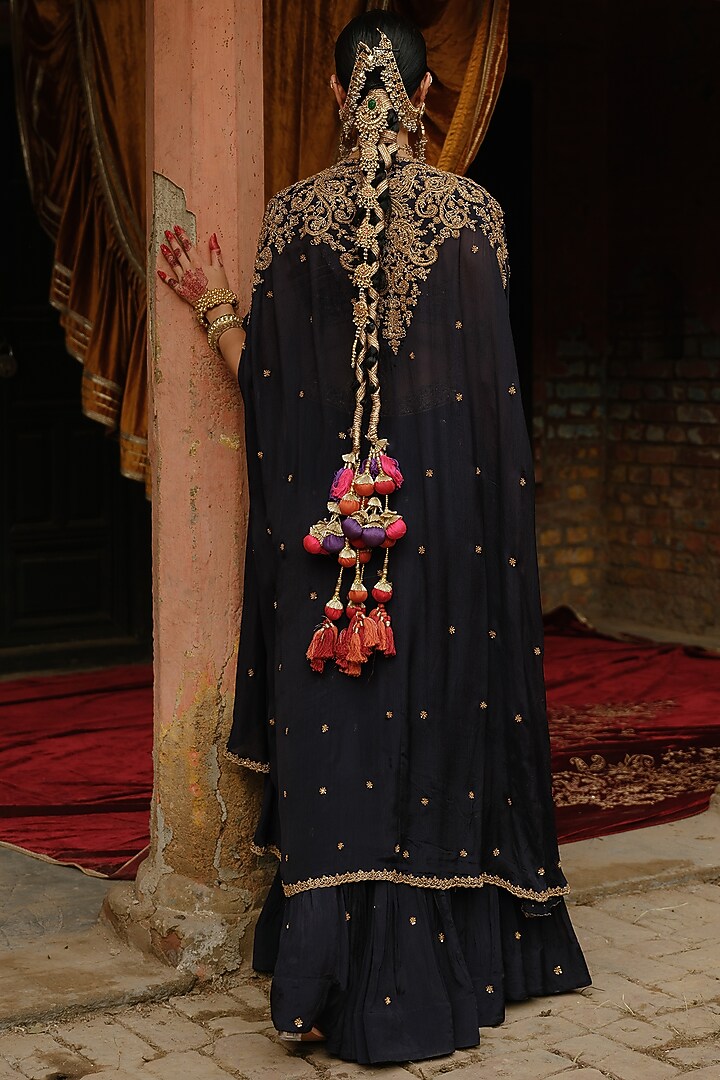 Navy Blue Chinon Chiffon Hand Embroidered Cape Set by Jigar Mali at Pernia's Pop Up Shop