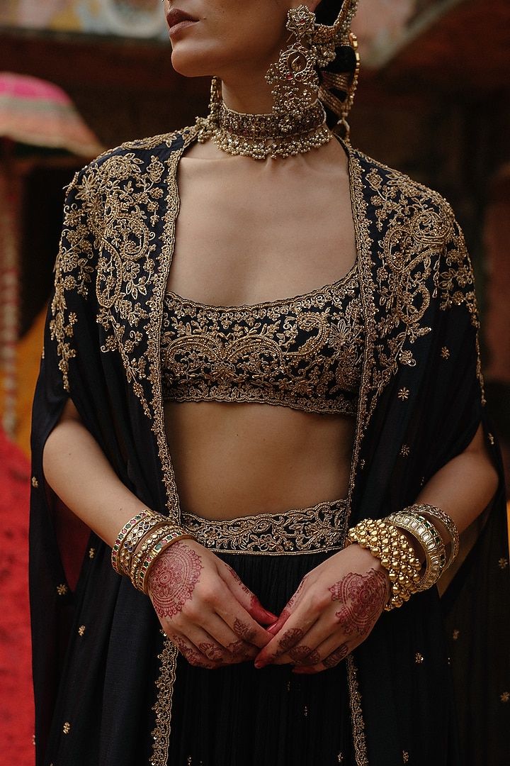 Navy Blue Chinon Chiffon Hand Embroidered Cape Set by Jigar Mali at Pernia's Pop Up Shop