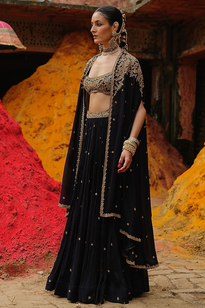 Navy Blue Chinon Chiffon Hand Embroidered Cape Set by Jigar Mali at Pernia's Pop Up Shop