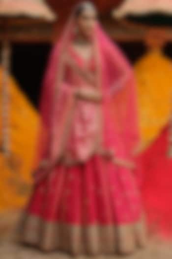 Hot Pink Dupion Silk & Poly Dupion Silk Hand Embroidered Bridal Lehenga Set by Jigar Mali at Pernia's Pop Up Shop