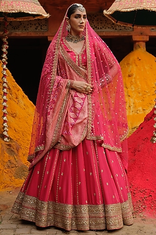 Hot Pink Dupion Silk & Poly Dupion Silk Hand Embroidered Lehenga Set by Jigar Mali