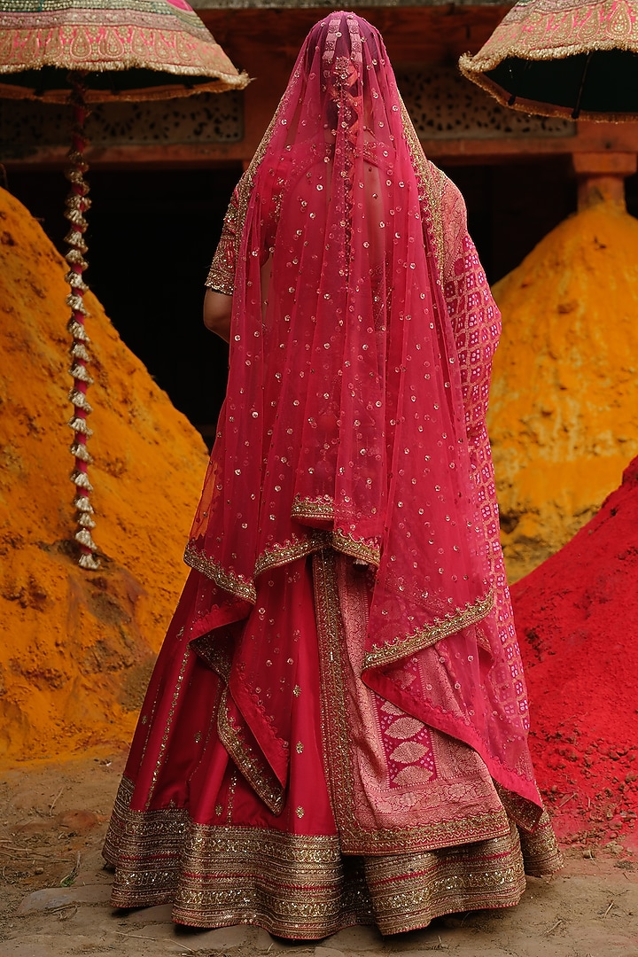 Hot Pink Dupion Silk & Poly Dupion Silk Hand Embroidered Bridal Lehenga Set by Jigar Mali at Pernia's Pop Up Shop