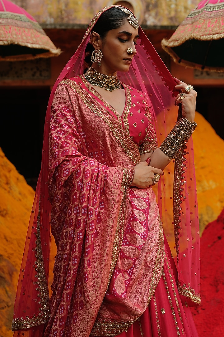 Hot Pink Dupion Silk & Poly Dupion Silk Hand Embroidered Bridal Lehenga Set by Jigar Mali at Pernia's Pop Up Shop