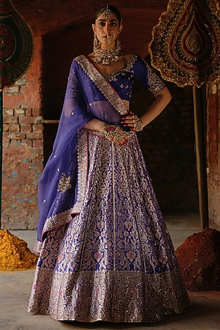 Purple Banarasi Hand Embroidered Lehenga Set by Jigar Mali