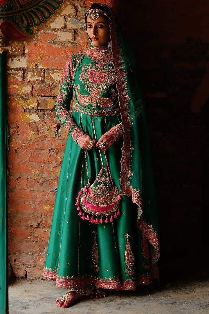 Rama Green Chanderi Silk Hand Embroidered Bridal Anarkali Set by Jigar Mali at Pernia's Pop Up Shop