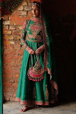 Rama Green Chanderi Silk Hand Embroidered Anarkali Set by Jigar Mali