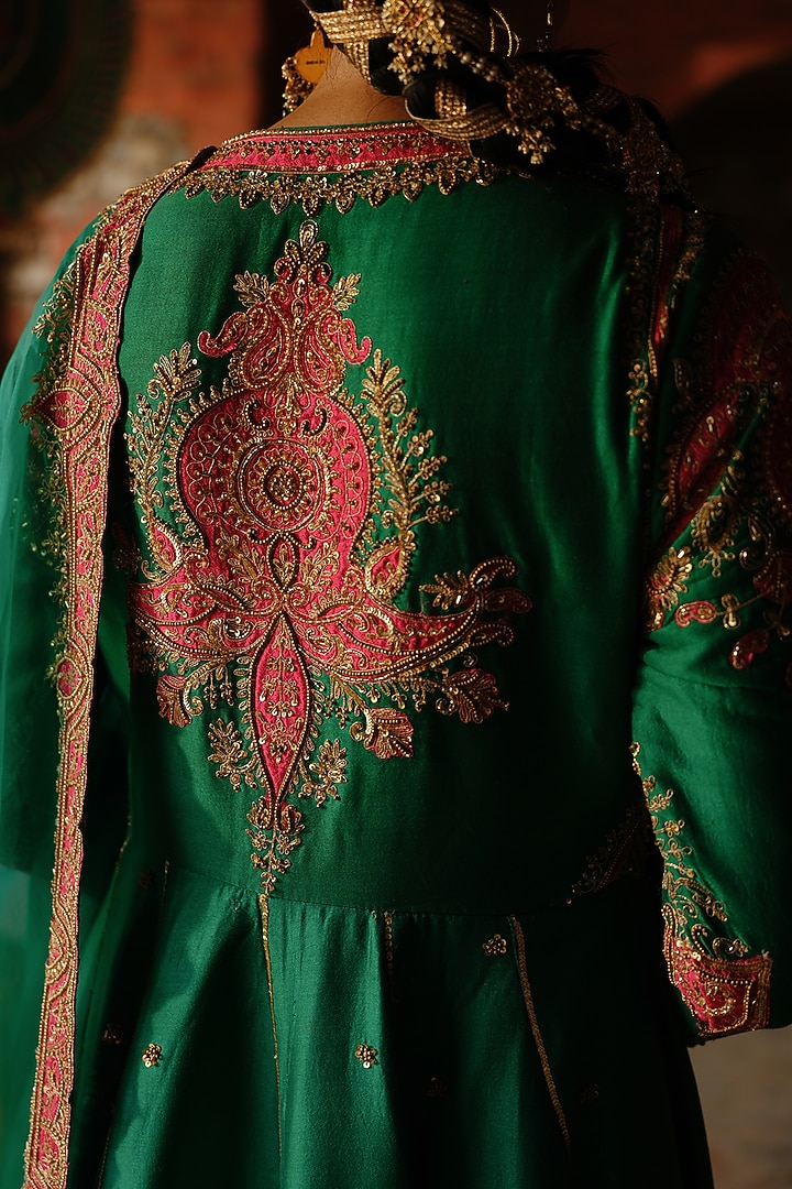 Rama Green Chanderi Silk Hand Embroidered Bridal Anarkali Set by Jigar Mali at Pernia's Pop Up Shop