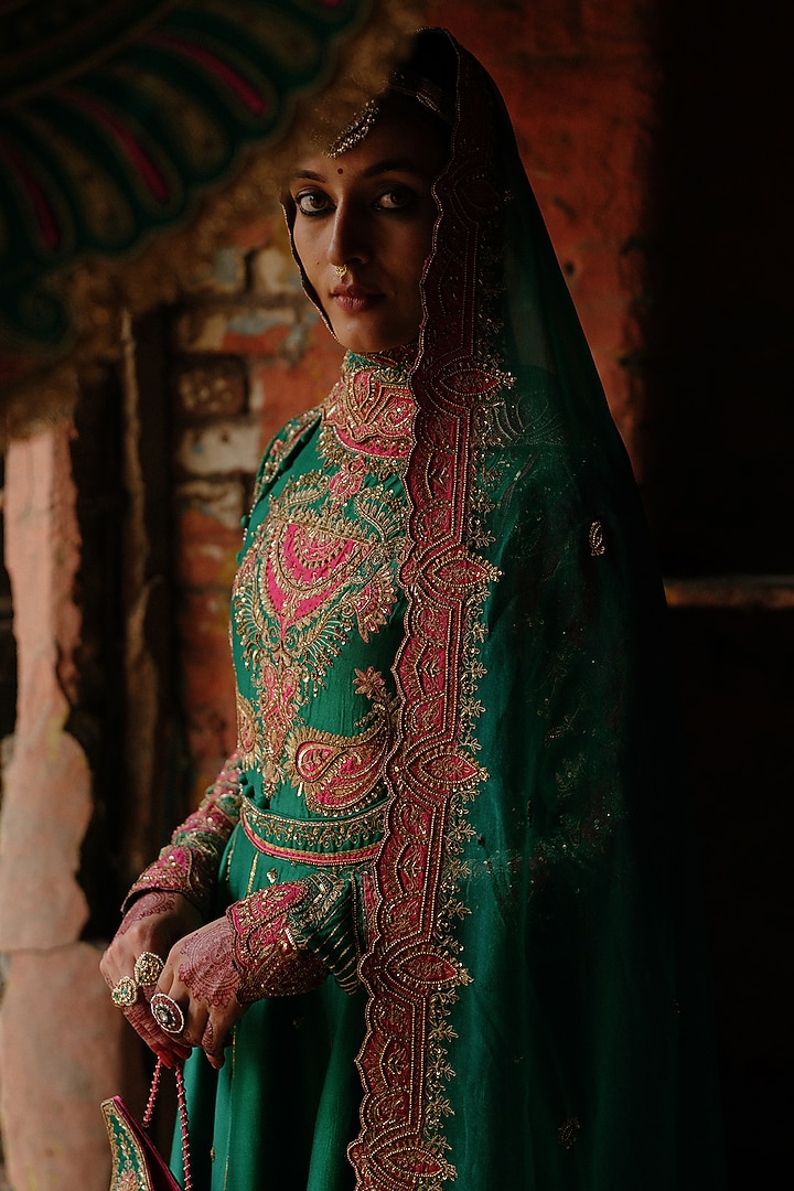 Rama Green Chanderi Silk Hand Embroidered Bridal Anarkali Set by Jigar Mali at Pernia's Pop Up Shop