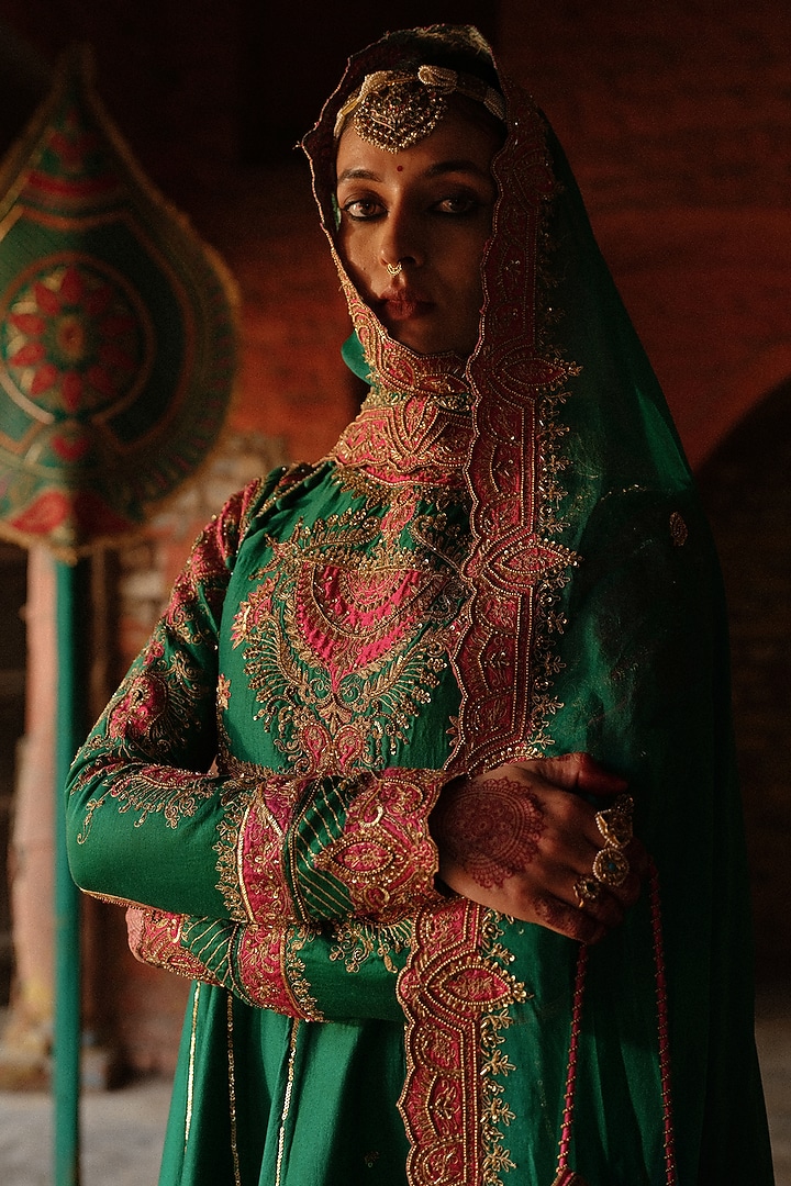 Rama Green Chanderi Silk Hand Embroidered Bridal Anarkali Set by Jigar Mali at Pernia's Pop Up Shop