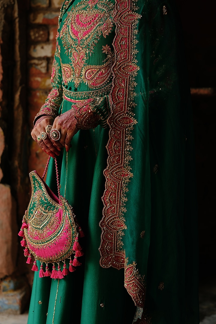 Rama Green Chanderi Silk Hand Embroidered Bridal Anarkali Set by Jigar Mali at Pernia's Pop Up Shop