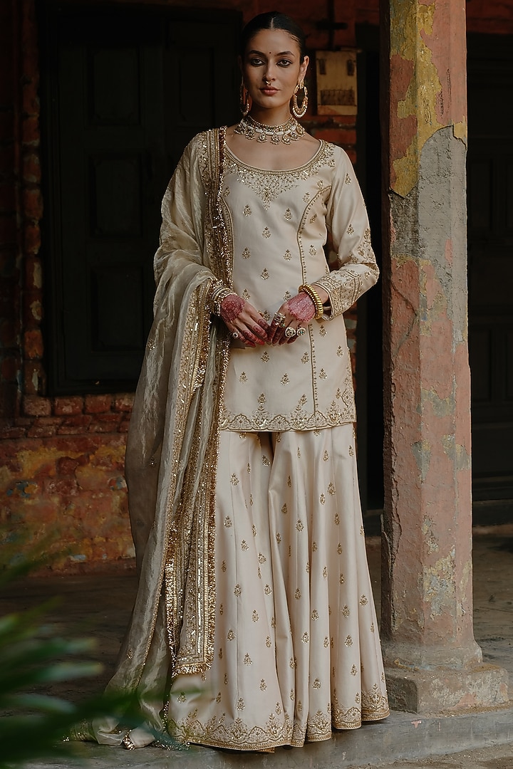 Ivory Chanderi Silk Embellished Bridal Sharara Set by Jigar Mali at Pernia's Pop Up Shop