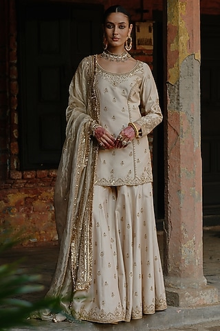 Ivory Chanderi Silk Embellished Sharara Set by Jigar Mali