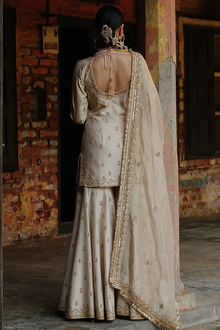 Ivory Chanderi Silk Embellished Bridal Sharara Set by Jigar Mali at Pernia's Pop Up Shop