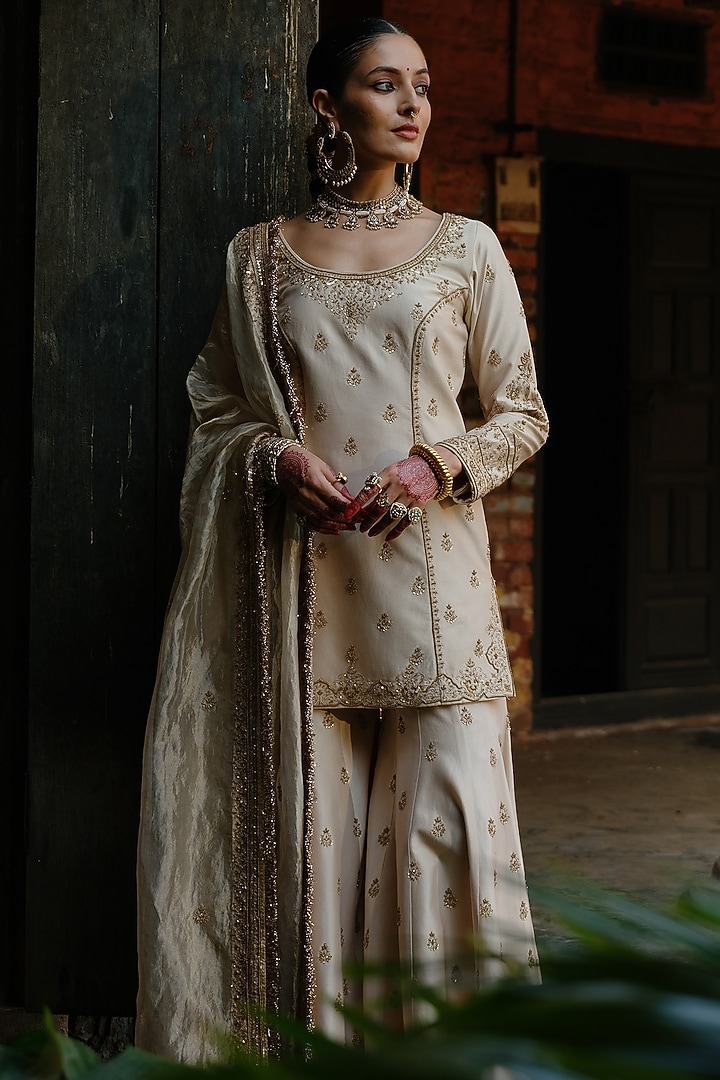 Ivory Chanderi Silk Embellished Bridal Sharara Set by Jigar Mali at Pernia's Pop Up Shop