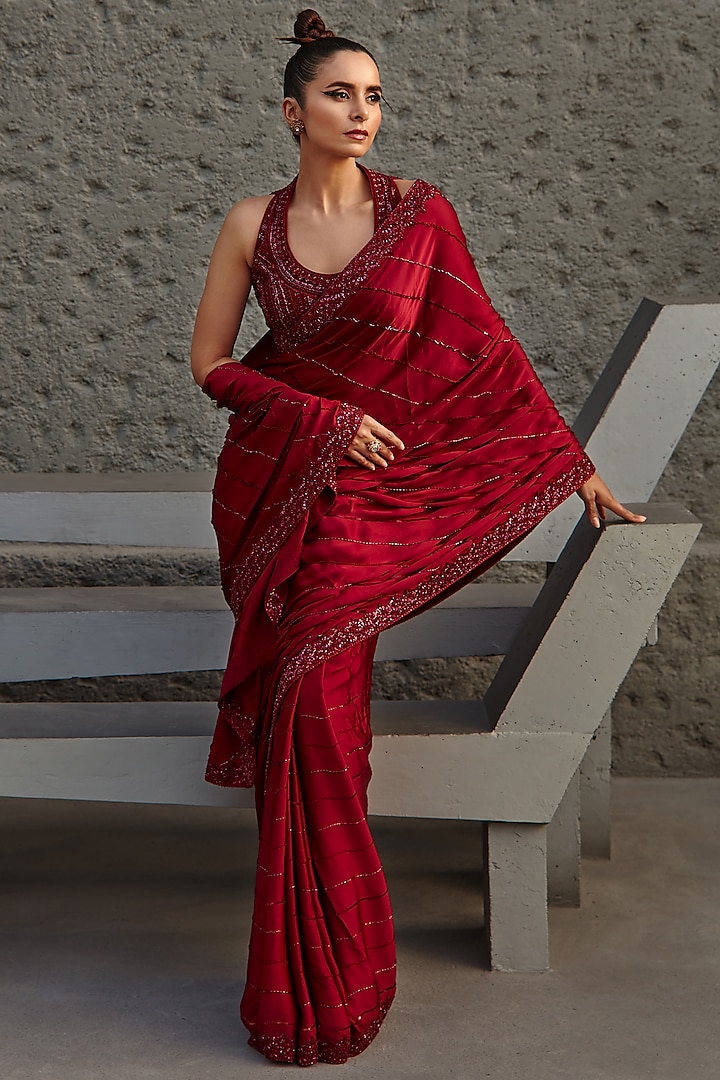 Wine Satin Georgette Sequins Embroidered Saree Set by Jigar Mali