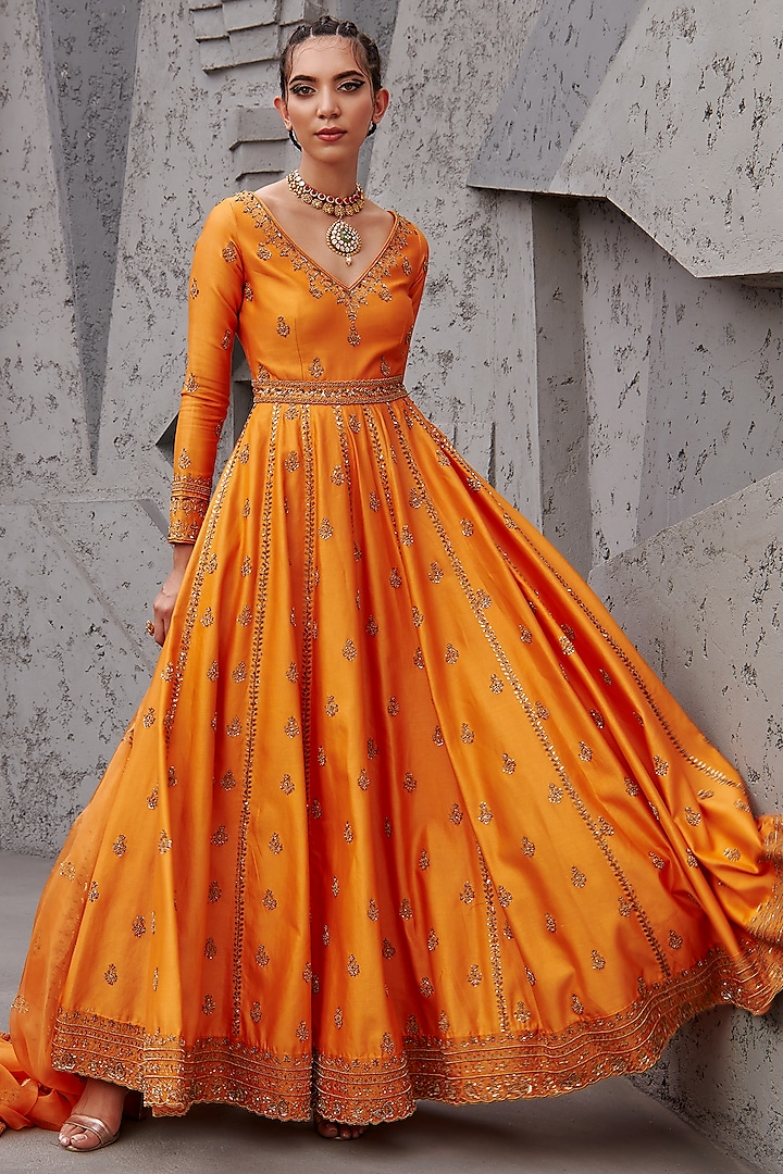 Dark Orange Embroidered Anarkali Set by Jigar Mali