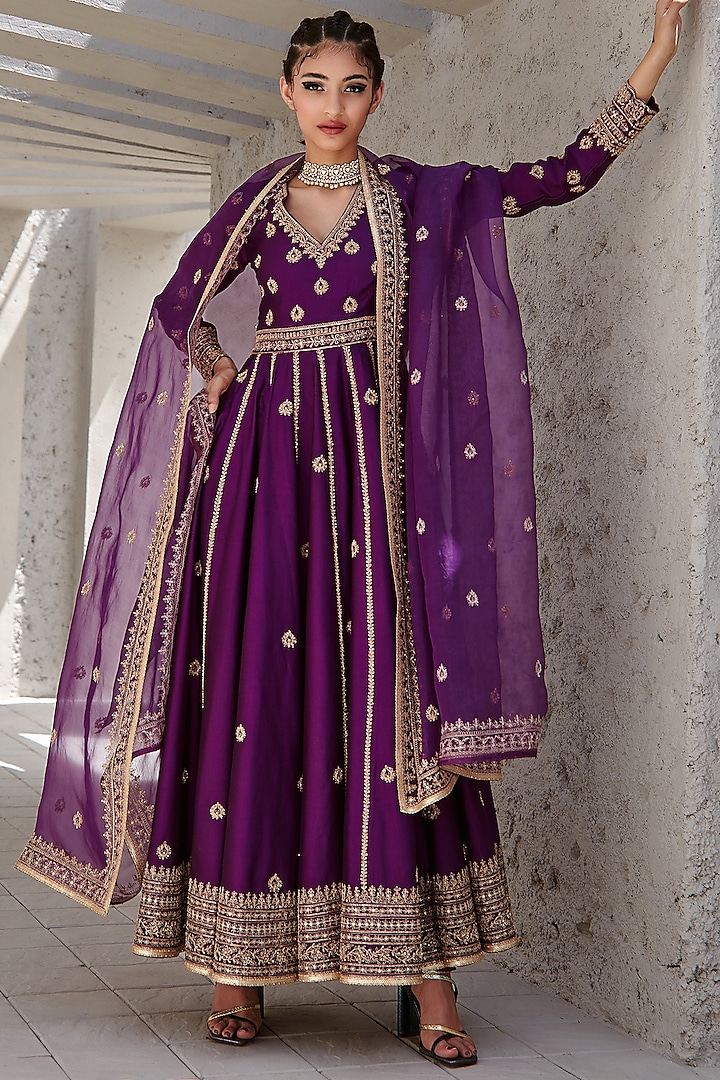 Purple Embroidered Anarkali Set by Jigar Mali