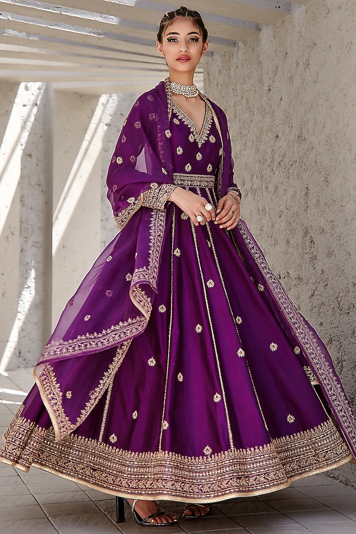Purple Embroidered Bridal Anarkali Set by Jigar Mali at Pernia's Pop Up Shop