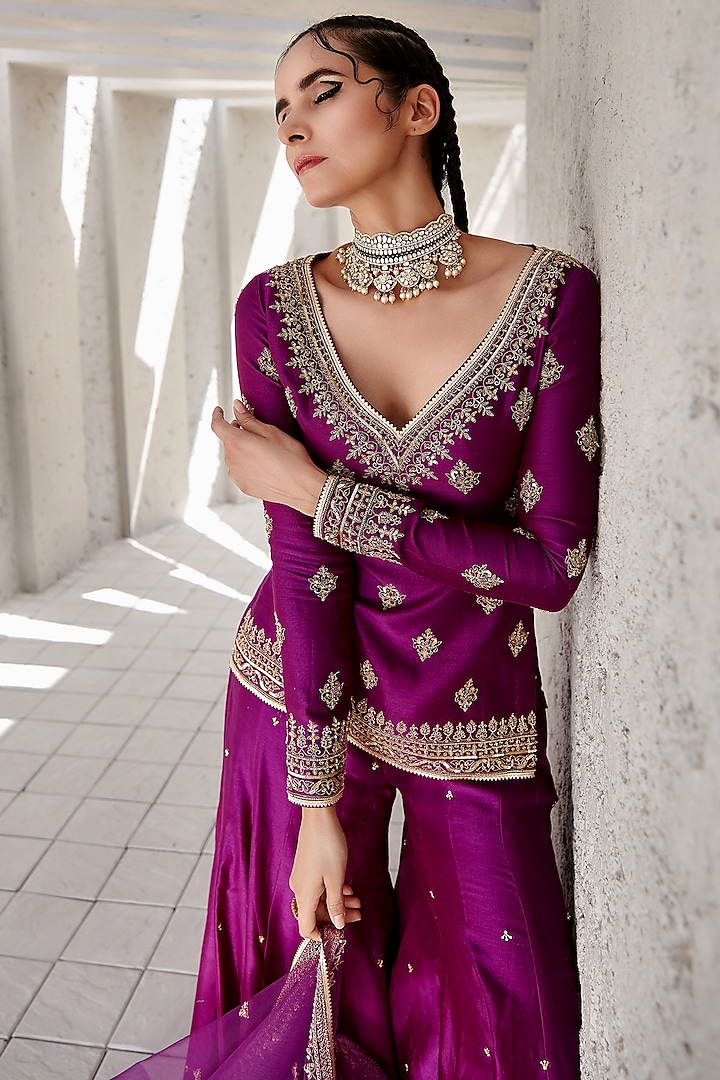 Purple Chanderi Wedding Sharara Set by Jigar Mali at Pernia's Pop Up Shop