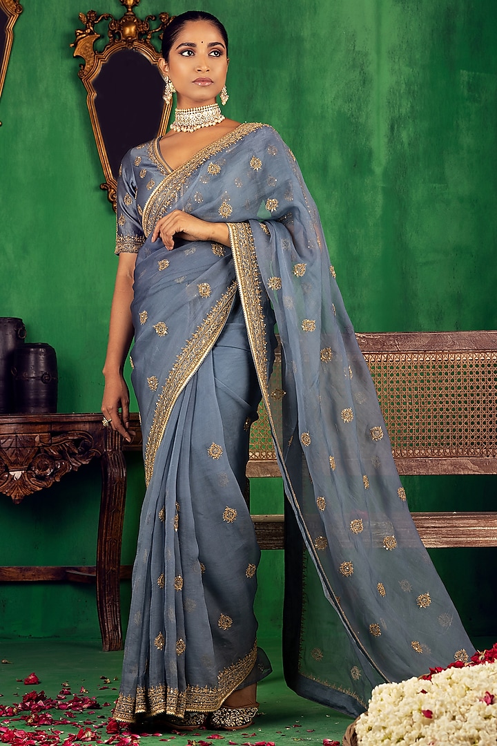 Dusty Blue Embroidered Saree Set Design by Jigar Mali at Pernia's Pop ...