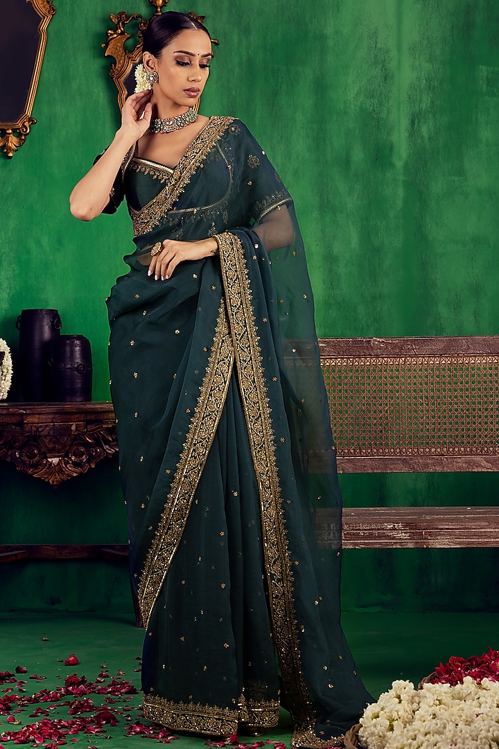 Bottle Green Embroidered Saree Set by Jigar Mali
